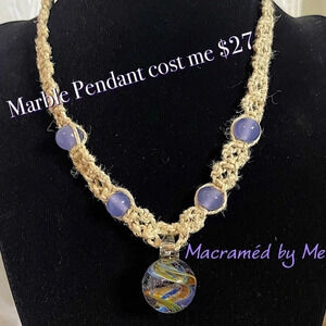 NWT Handmade Necklace Glass Marble Pendant Hemp Macramé, Beaded, 16”/40.64 cm.
